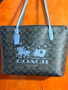Coach City Tote In Signature Canvas With Horse And Sleigh